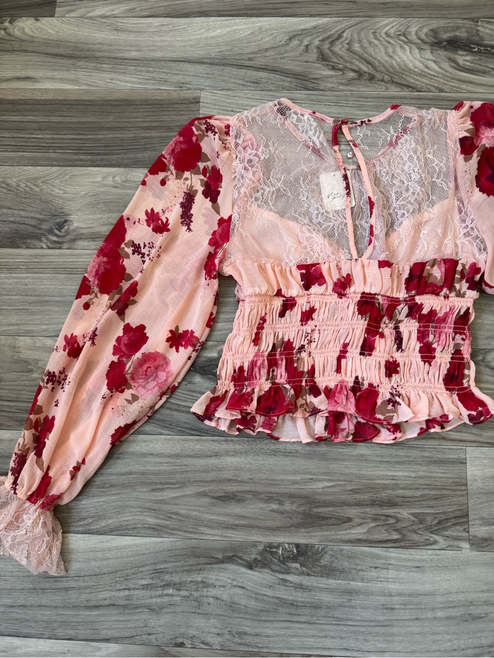 NWT Free People Daphne Blouse in Romantic Combo Lace Yoke Puff Sleeve Size Med - Picture 11 of 12